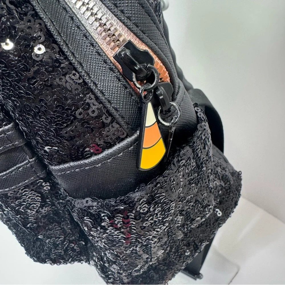 Disney Parks Loungefly Halloween Minnie Mouse Sequin Backpack Candy Corn Bow